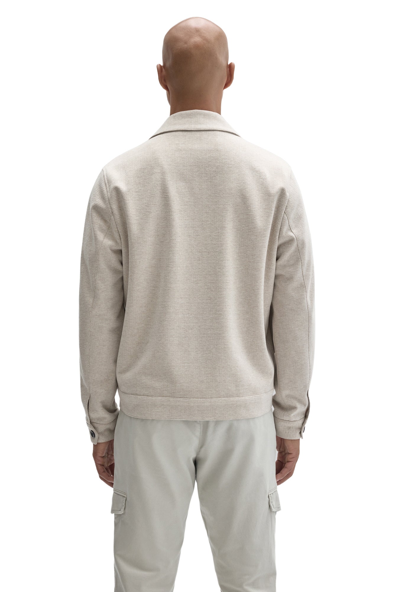 Robert Barakett men's cream textured button-front jacket with straight bottom band and spread collar, back view