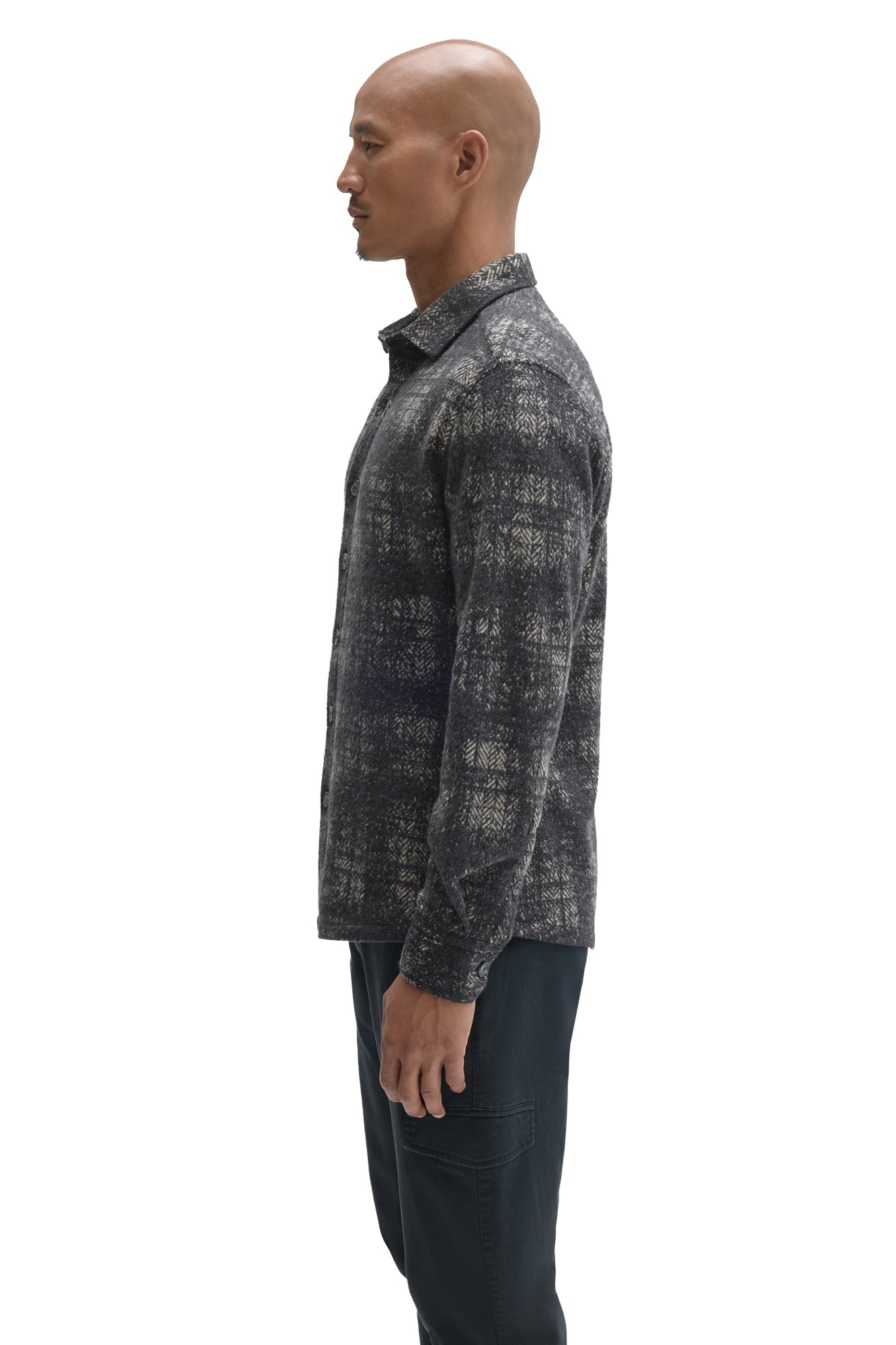 Robert Barakett men's charcoal plaid overshirt showing button cuff and straight silhouette, side view
