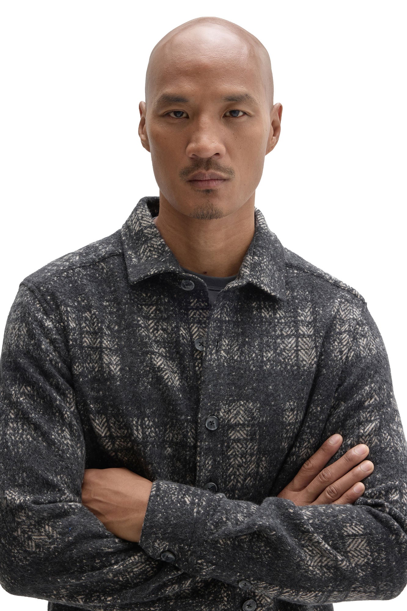 Robert Barakett men's close front view of charcoal plaid overshirt showing brushed texture, buttons and collar