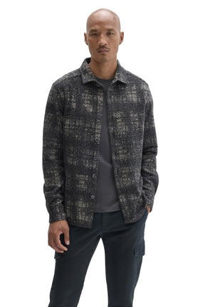 Front view of men's charcoal plaid button-front overshirt with collar and long sleeves by Robert Barakett