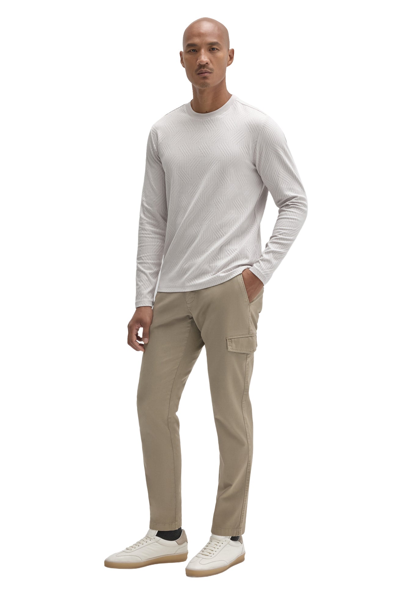 Robert Barakett men's angled full-body view of a light gray textured long sleeve crew neck T-Shirt shown from the front