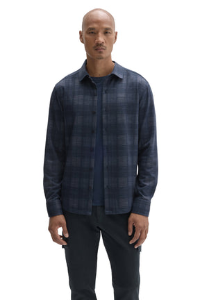 Robert Barakett men's navy plaid long sleeve overshirt, worn open with collar and dark buttons visible shown from the front