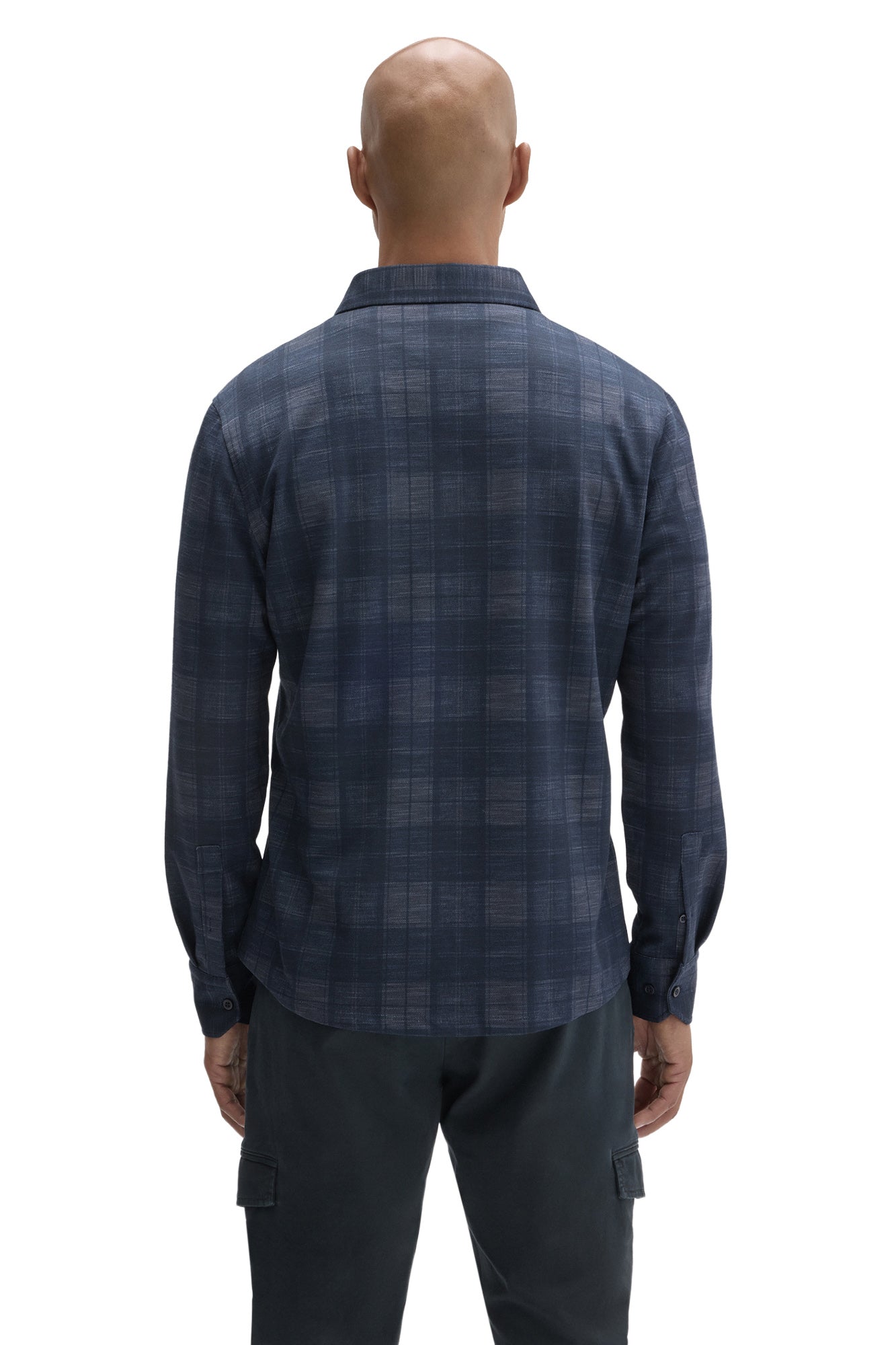 Robert Barakett men's navy plaid long sleeve overshirt with button cuffs, yoke seam and collar, back view