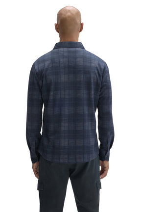 Robert Barakett men's navy plaid long sleeve overshirt with button cuffs, yoke seam and collar, back view