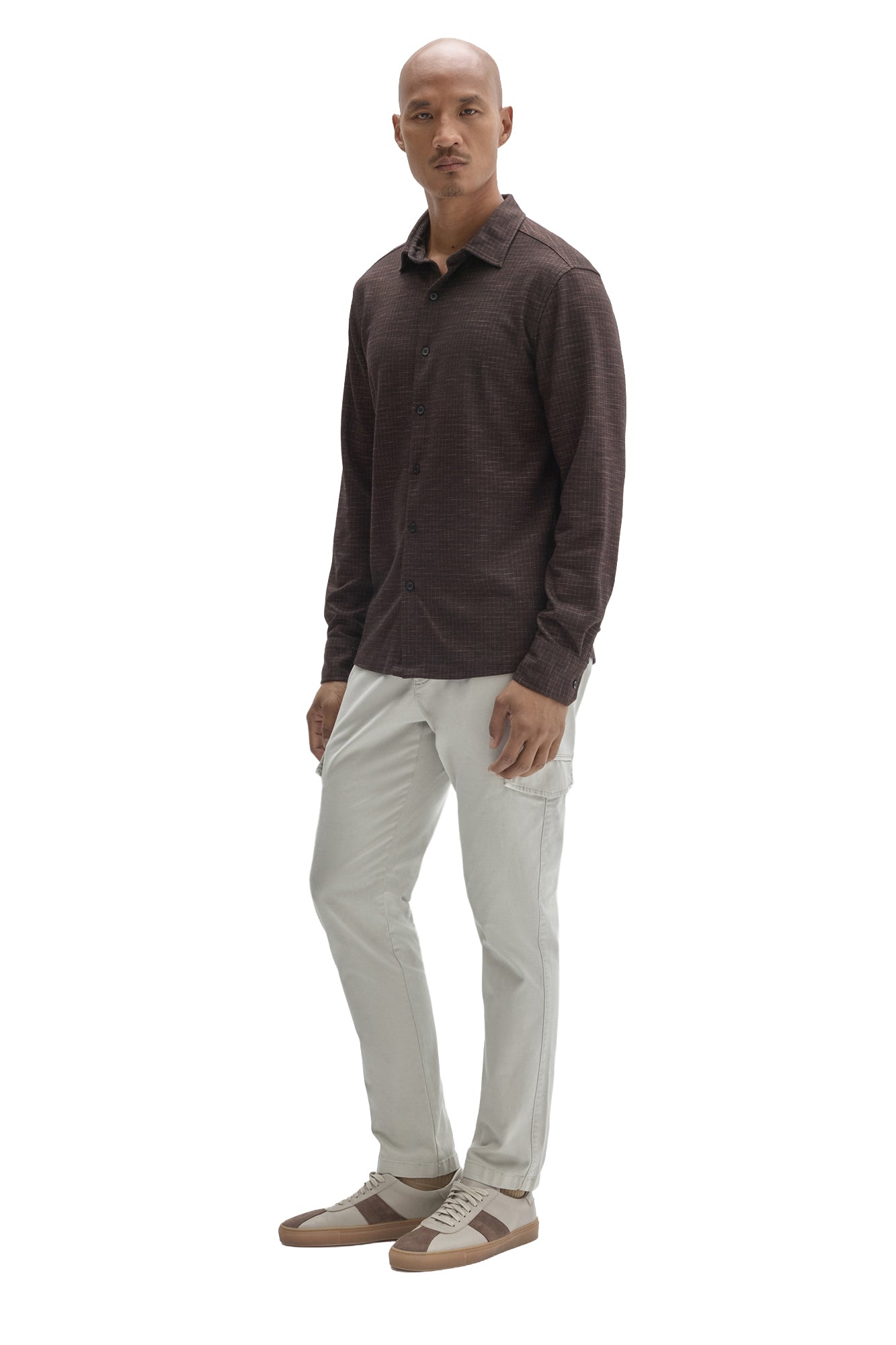 Men's full front view of dark brown long sleeve button-up shirt with straight hem and fine grid texture by Robert Barakett