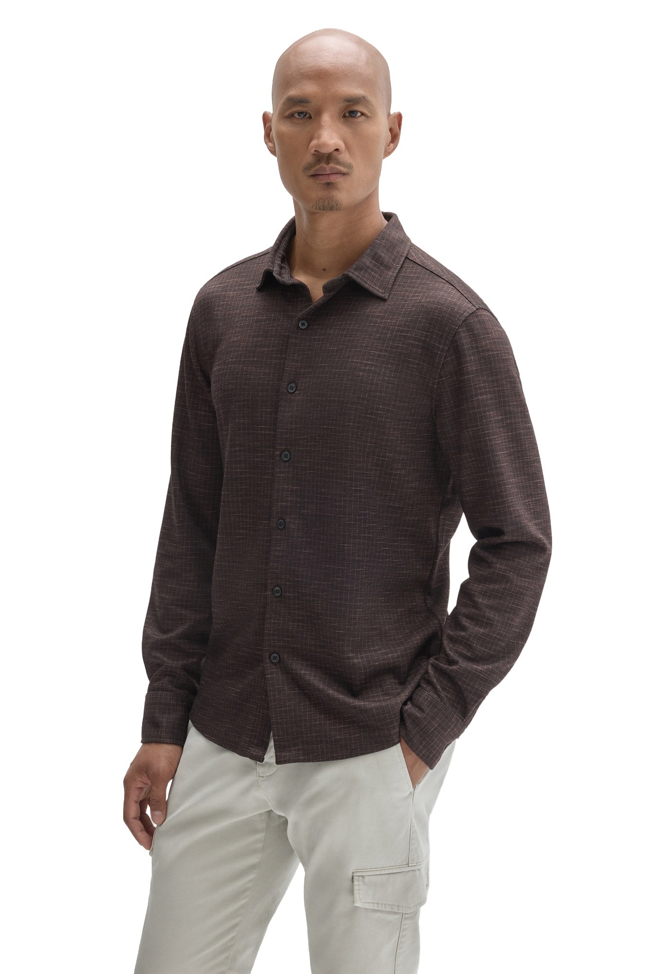 Robert Barakett men's dark brown long sleeve button-up shirt with fine grid texture and pointed collar shown from the front