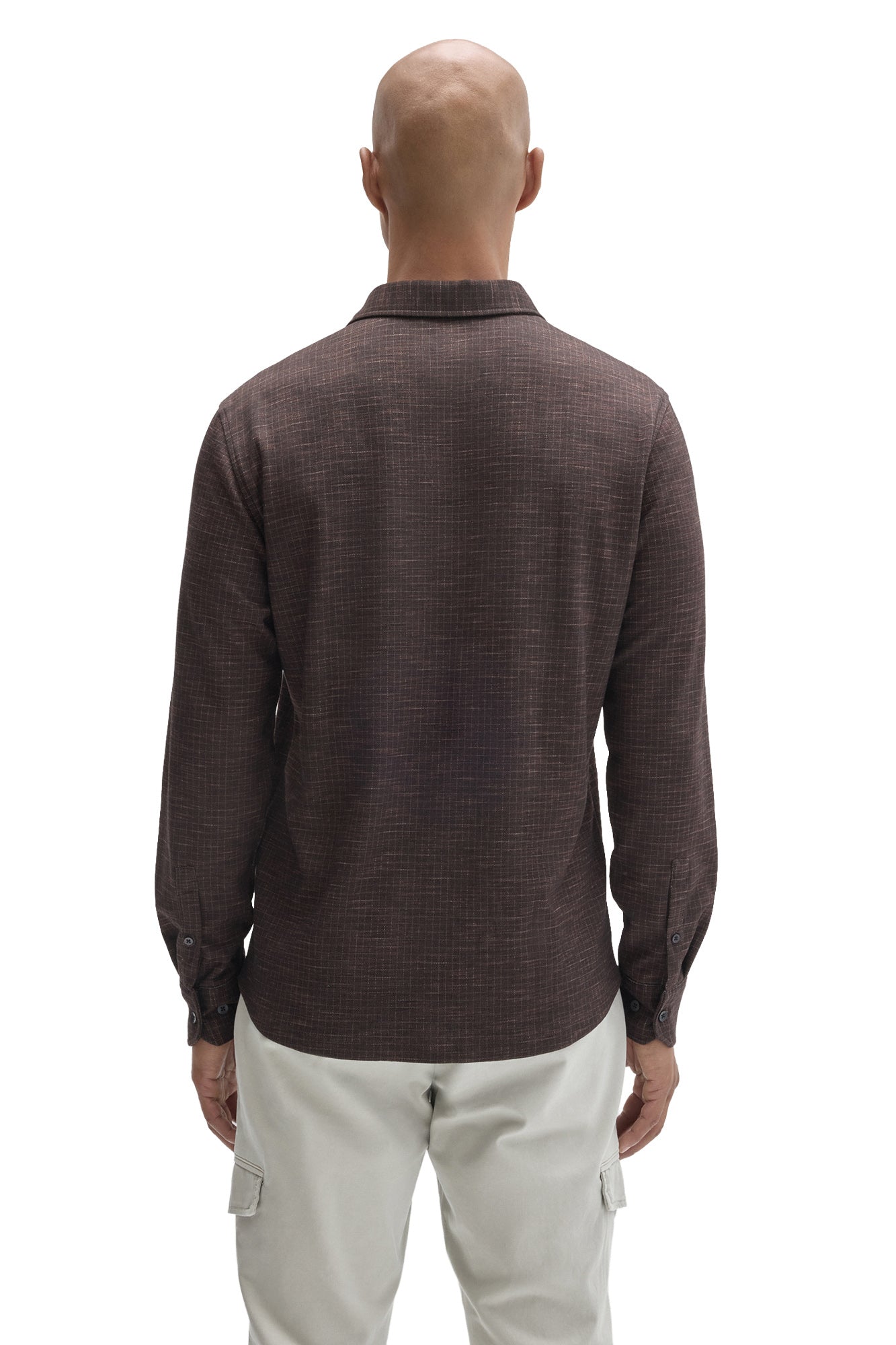 Robert Barakett men's dark brown long sleeve button-up shirt with button cuffs and fine grid texture, back view