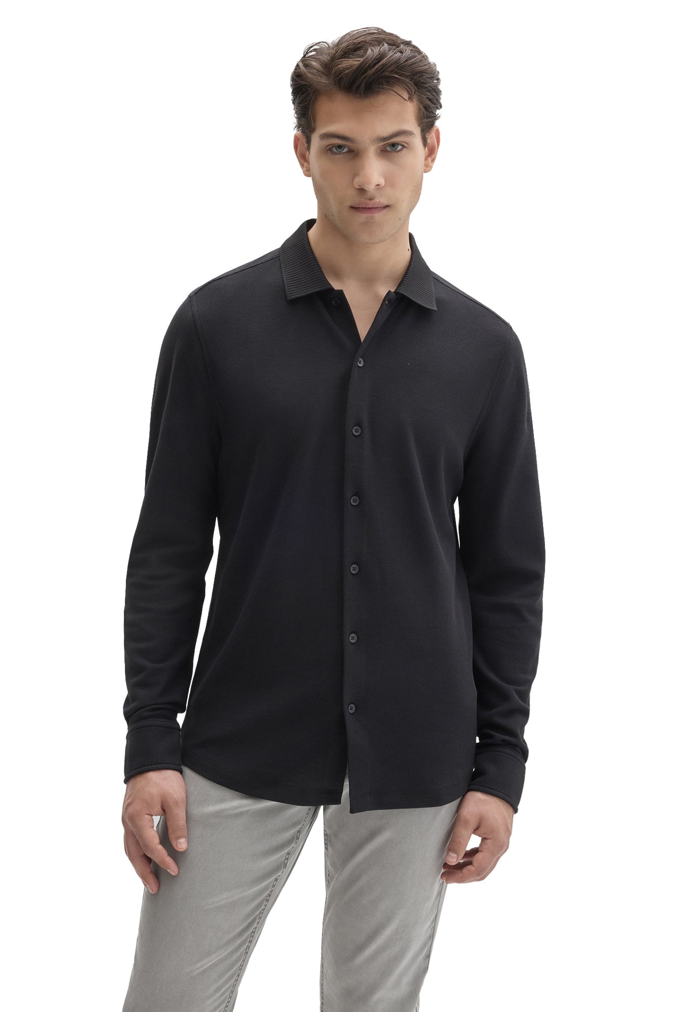 Robert Barakett men's black knit long sleeve shirt with full button closure and ribbed collar shown from the front