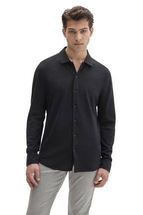 Robert Barakett men's black knit long sleeve shirt with full button closure and ribbed collar shown from the front