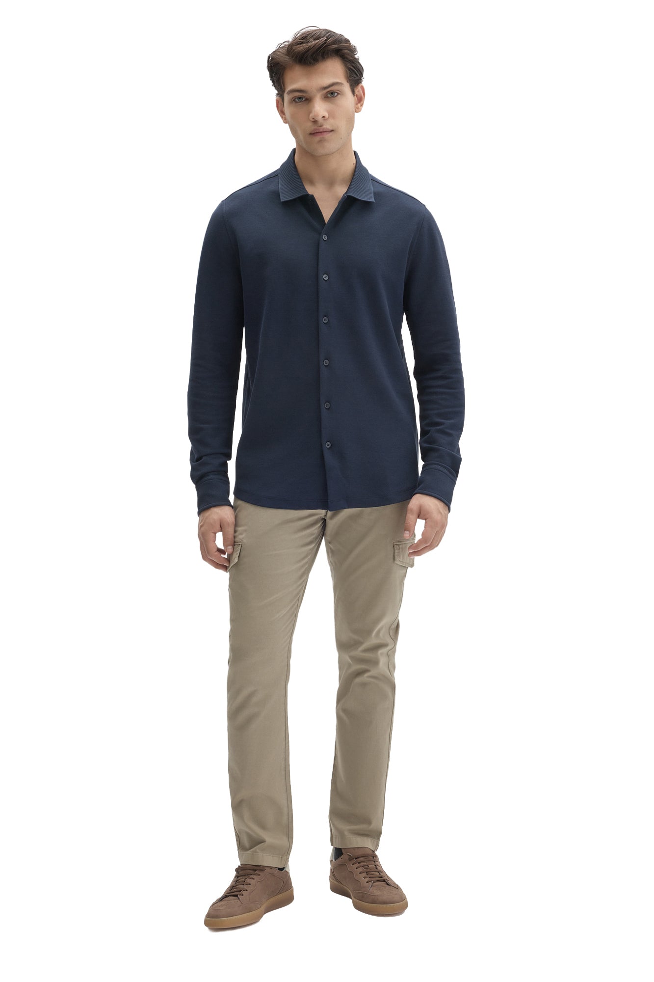 Robert Barakett men's full front view of navy long sleeve knit shirt with full button closure and ribbed collar