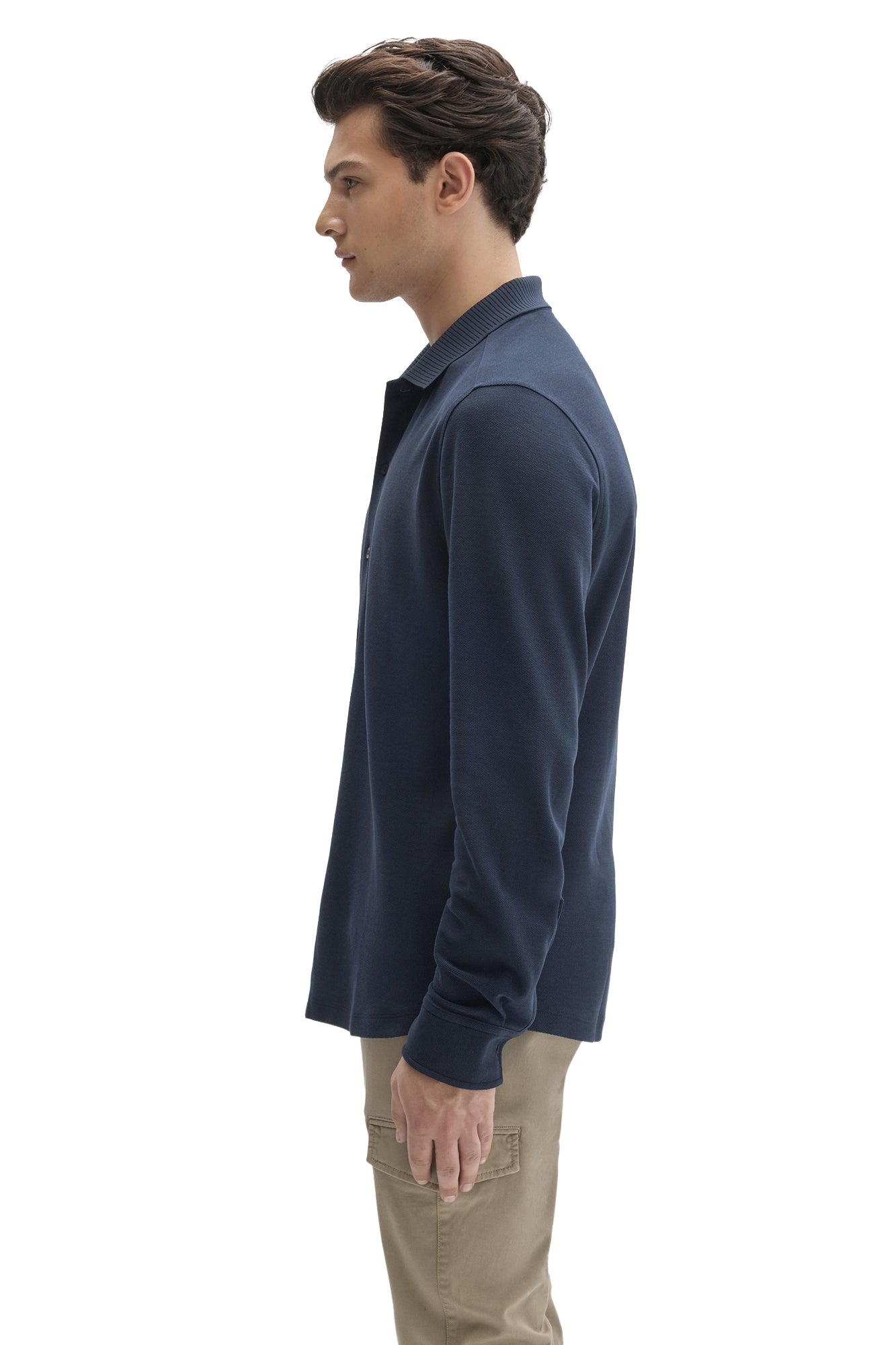 Robert Barakett men's navy long sleeve knit shirt with buttoned cuffs and ribbed collar shown from the side