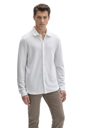 Robert Barakett men's white long sleeve knit button-front shirt with ribbed collar shown from the front