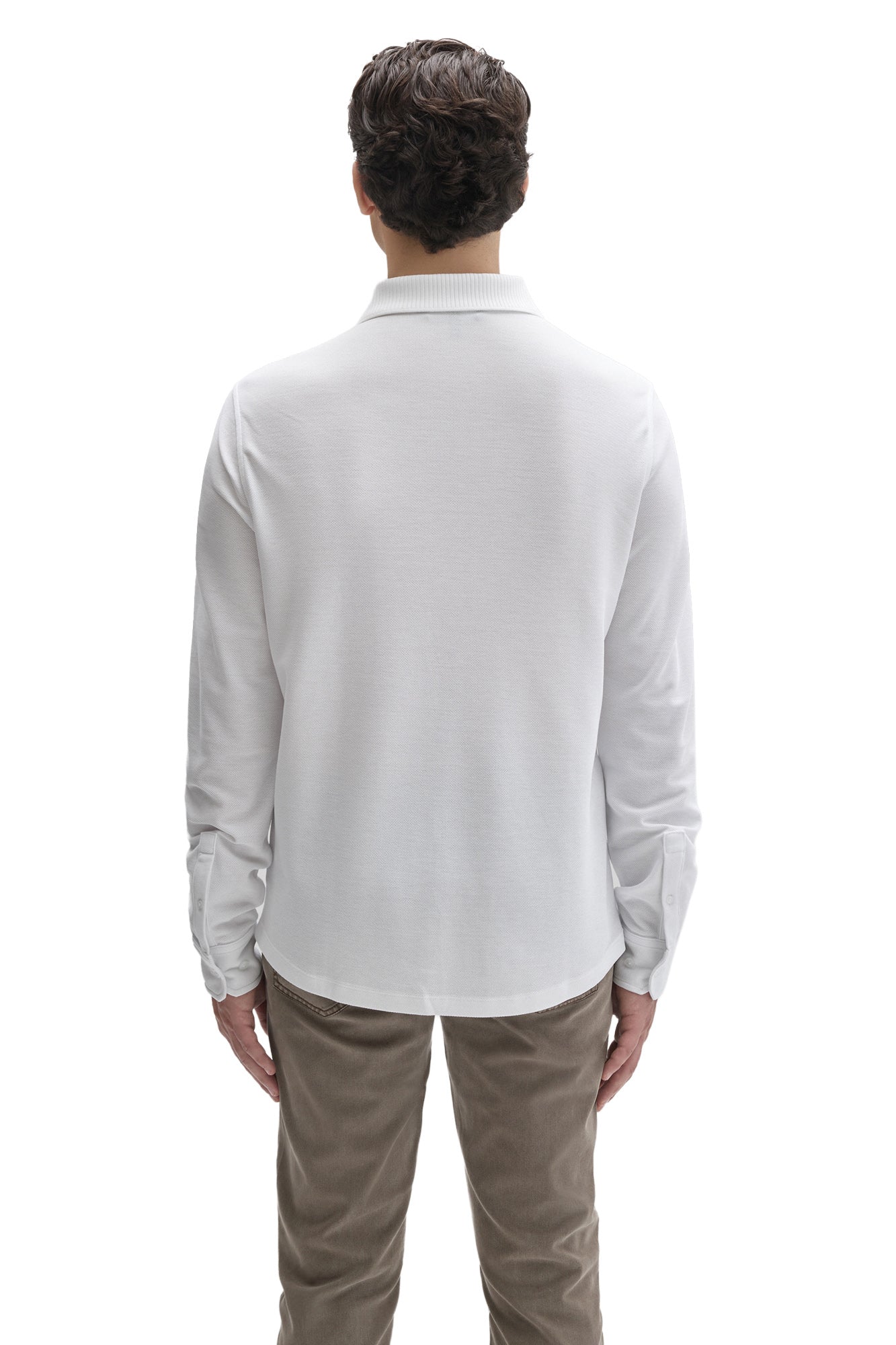 Robert Barakett men's white long sleeve knit shirt with rounded back hem and ribbed collar, back view