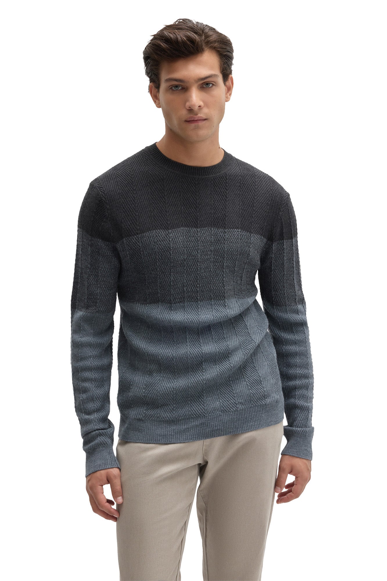 Front view of Robert Barakett men's charcoal and blue-gray crewneck knit long-sleeve knit sweater with ribbed hem and cuffs