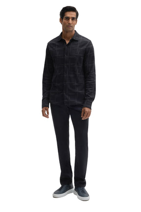Robert Barakett men's full front view of dark navy long sleeve knit shirt with tonal check pattern, button front and collar