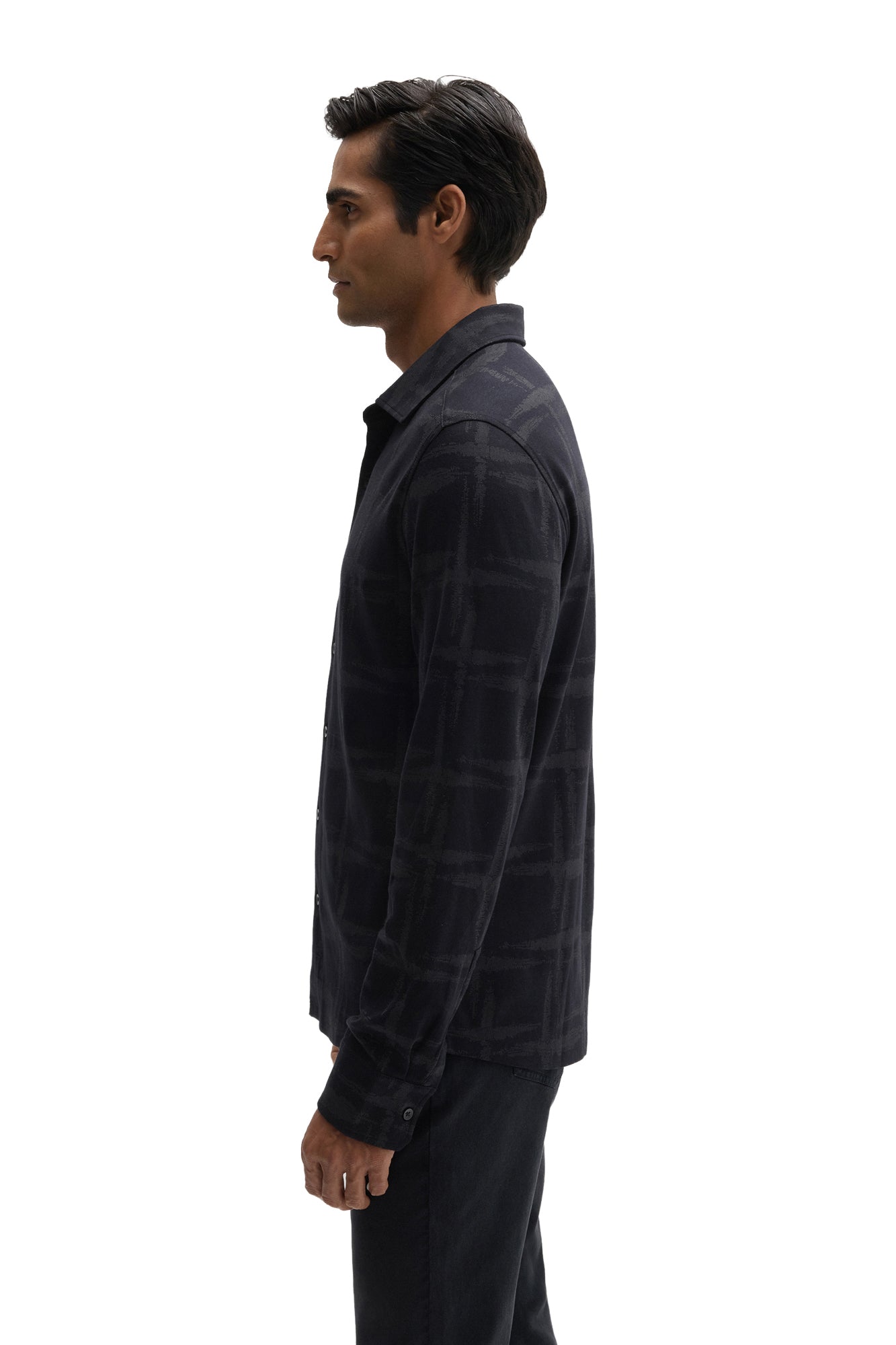 Robert Barakett men's dark navy long sleeve knit shirt with tonal check texture and spread collar, side view