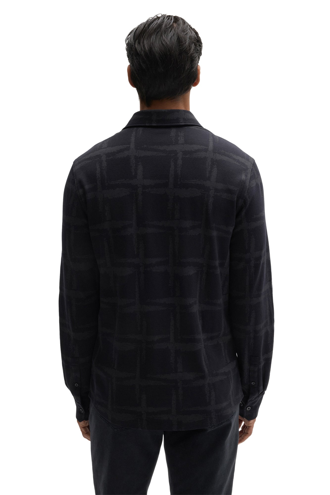 Robert Barakett men's dark navy long sleeve knit shirt with button cuffs and tonal abstract check pattern, back view