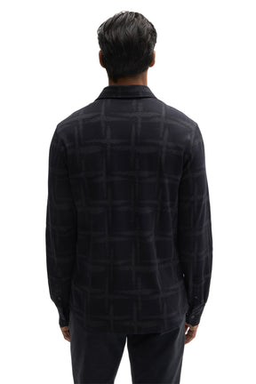 Robert Barakett men's dark navy long sleeve knit shirt with button cuffs and tonal abstract check pattern, back view