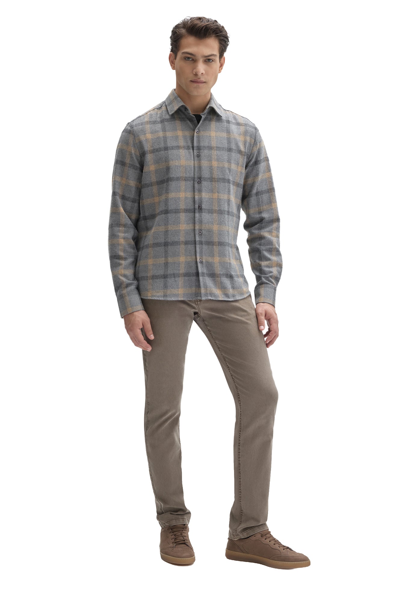 Robert Barakett men's full-body front view of gray plaid flannel overshirt with button front and tan lines