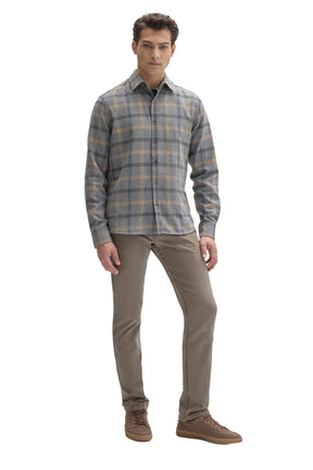 Robert Barakett men's full-body front view of gray plaid flannel overshirt with button front and tan lines