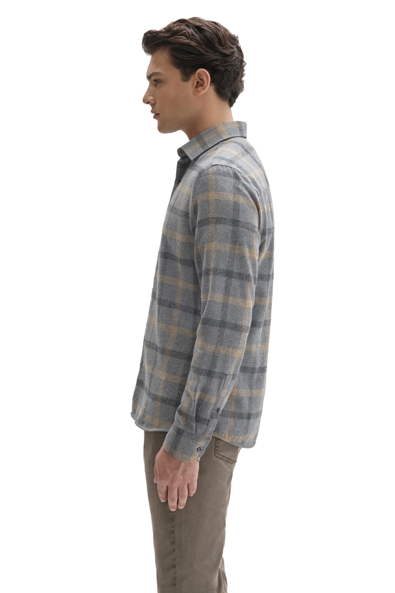 Robert Barakett men's gray plaid flannel overshirt showing button cuff and rounded hem, side view