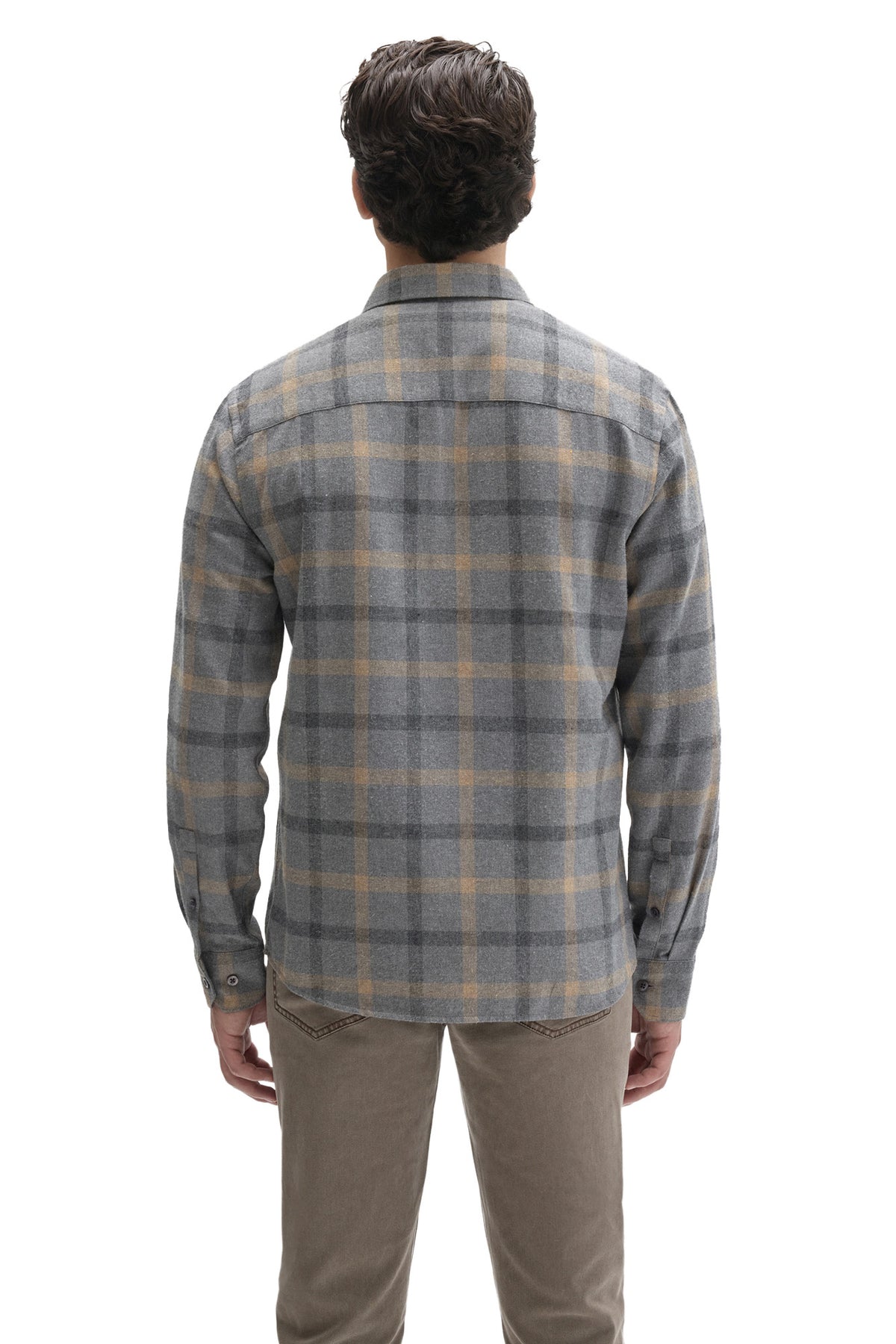 Robert Barakett men's gray plaid flannel overshirt showing button cuffs and back yoke, back view