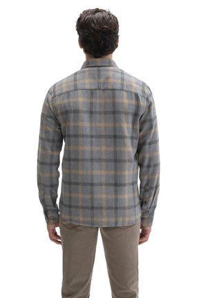 Robert Barakett men's gray plaid flannel overshirt showing button cuffs and back yoke, back view