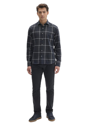 Robert Barakett men's full-body front view of dark navy charcoal plaid long sleeve shirt styled with dark pants