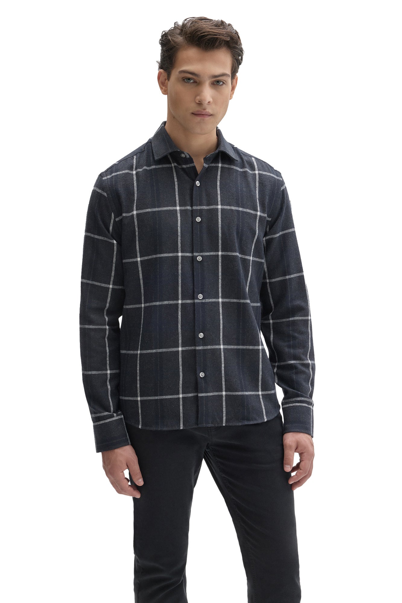 Front view of men's dark navy charcoal windowpane plaid long sleeve button-front shirt by Robert Barakett