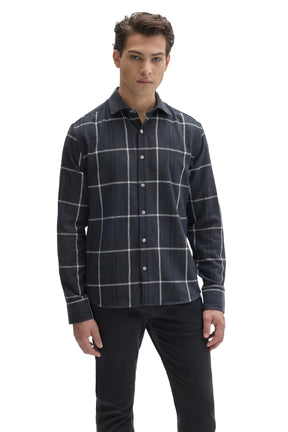 Front view of men's dark navy charcoal windowpane plaid long sleeve button-front shirt by Robert Barakett