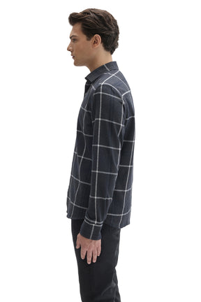 Side view of men's dark navy charcoal plaid long sleeve button-front shirt with point collar by Robert Barakett
