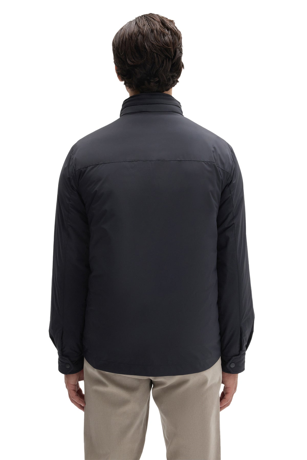 Robert Barakett men's navy snap jacket with snapped cuffs, smooth shell and stand collar shown from the back
