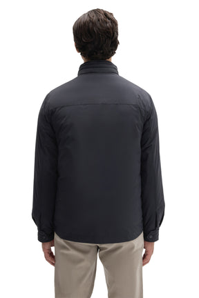 Robert Barakett men's navy snap jacket with snapped cuffs, smooth shell and stand collar shown from the back