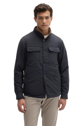 Robert Barakett men's navy snap jacket with two chest flap pockets, snap placket and stand collar shown from the front