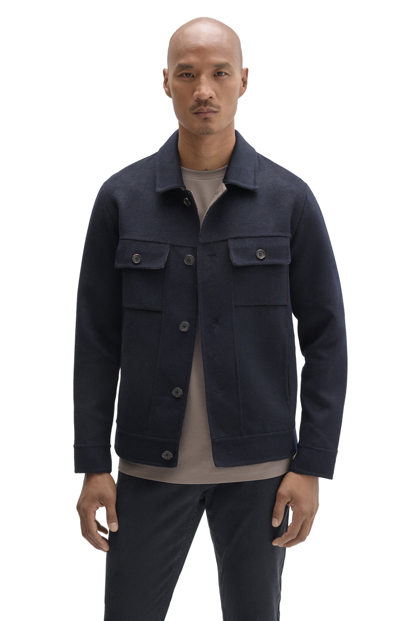 Robert Barakett men's dark navy button-front jacket with two buttoned chest flap pockets and spread collar, front view