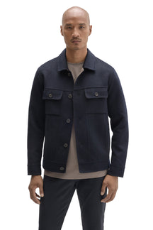 Robert Barakett men's dark navy button-front jacket with two buttoned chest flap pockets and spread collar, front view
