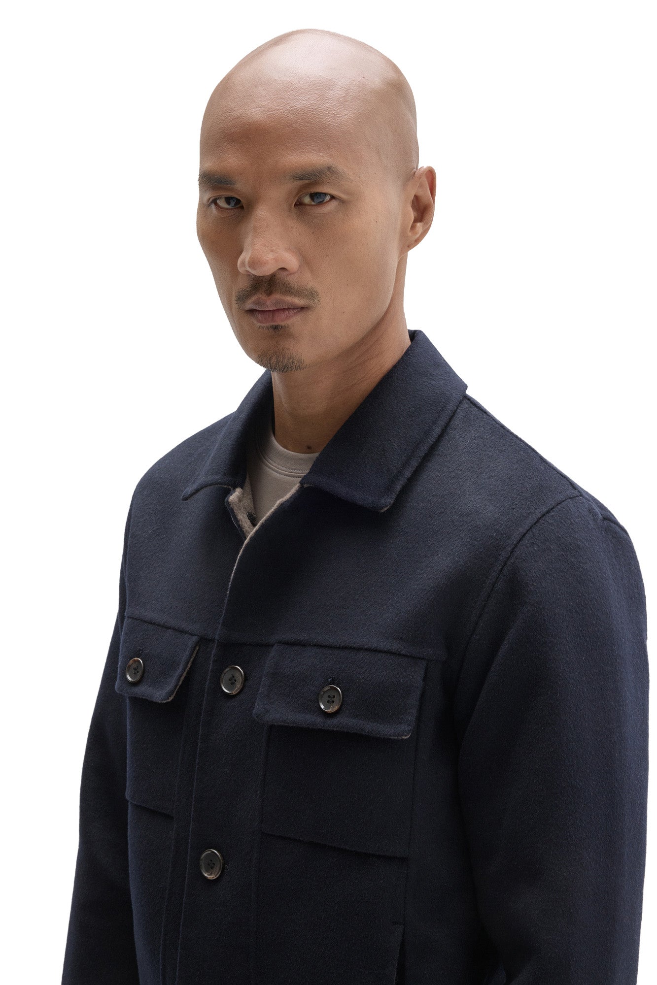 Robert Barakett men's dark navy button-front jacket with buttoned chest flap pockets and spread collar, close view