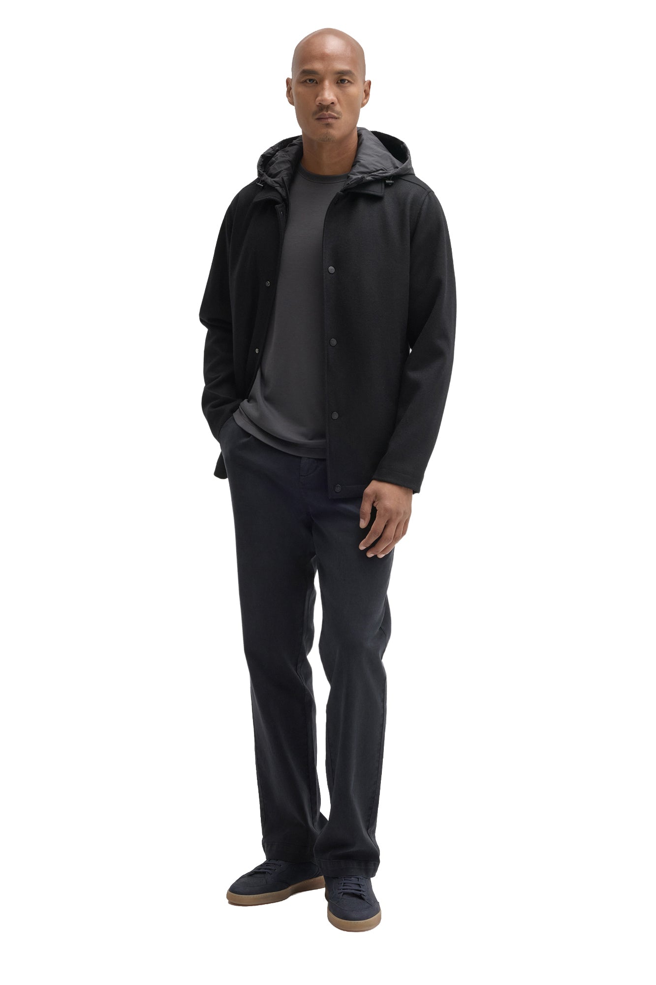 Robert Barakett men's full-body front view of black hooded snap-front jacket styled open over dark layers