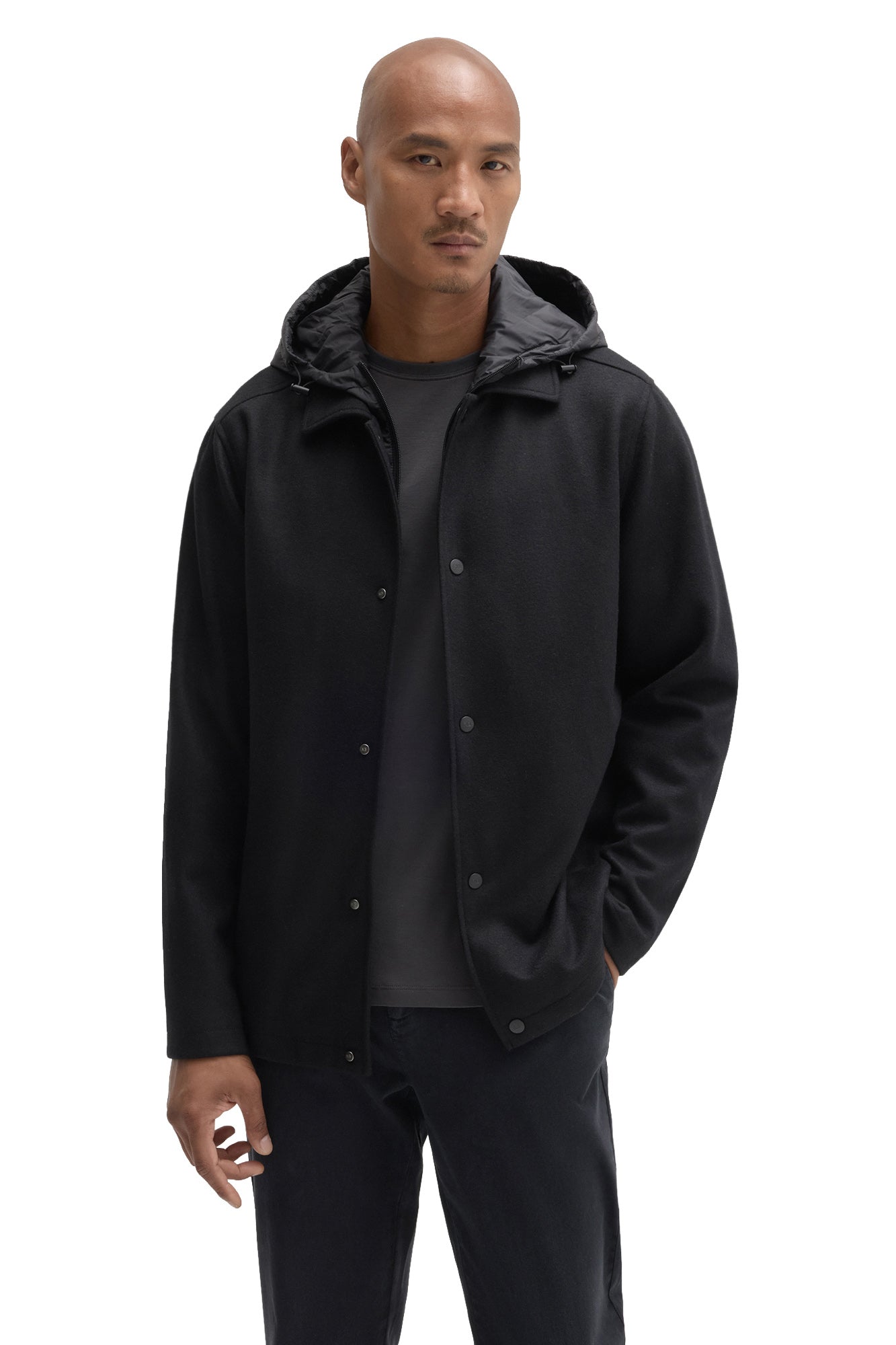 Robert Barakett men's black snap-front hooded jacket worn open showing charcoal hood and tonal snaps, front view
