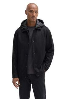 Robert Barakett men's black snap-front hooded jacket worn open showing charcoal hood and tonal snaps, front view