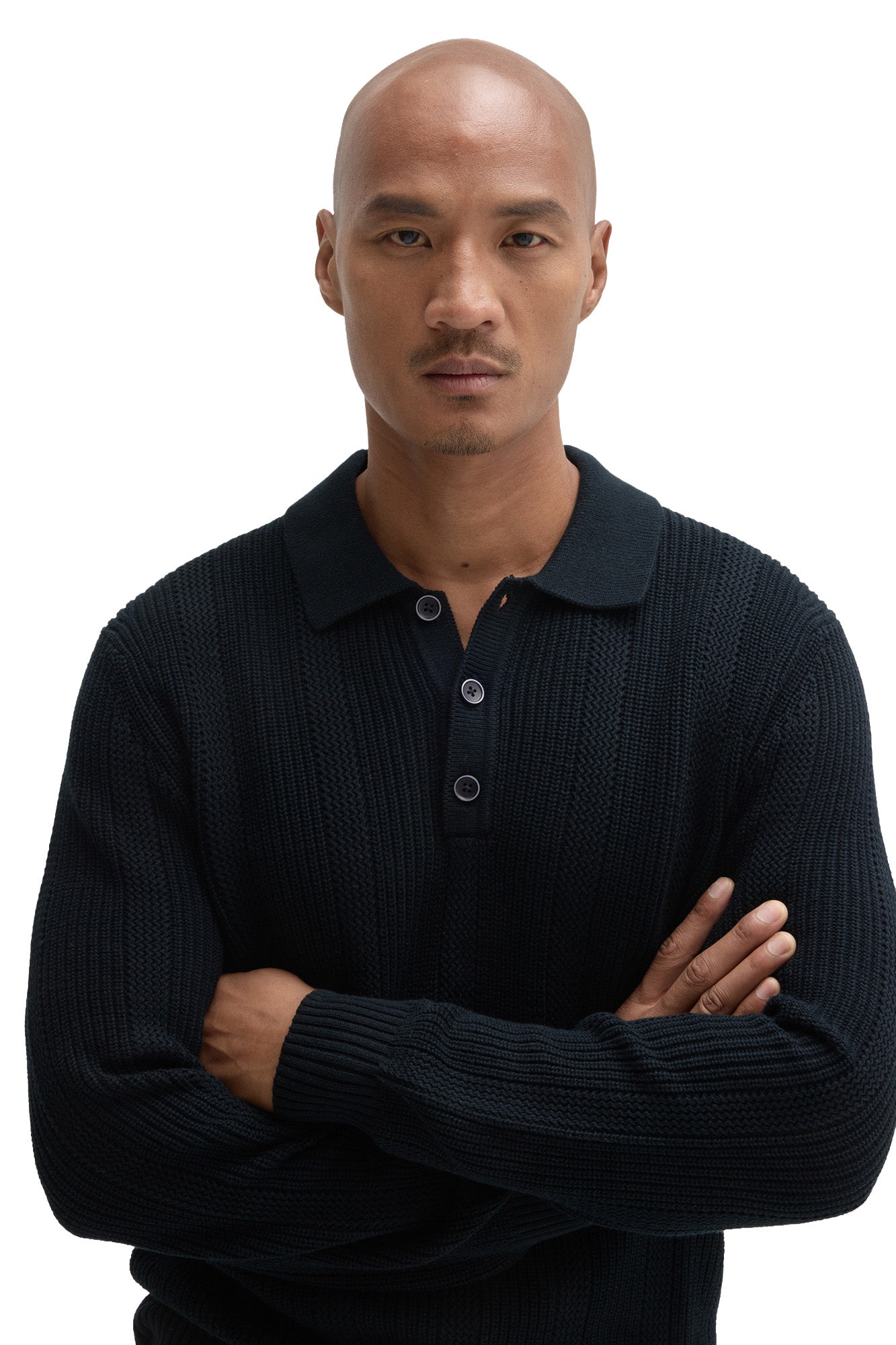 Robert Barakett men's close front view of a dark navy knit long-sleeve polo with textured stitch, three buttons and collar