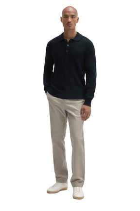 Robert Barakett men's full front view of a dark navy long sleeve knit polo with collar and ribbed hem