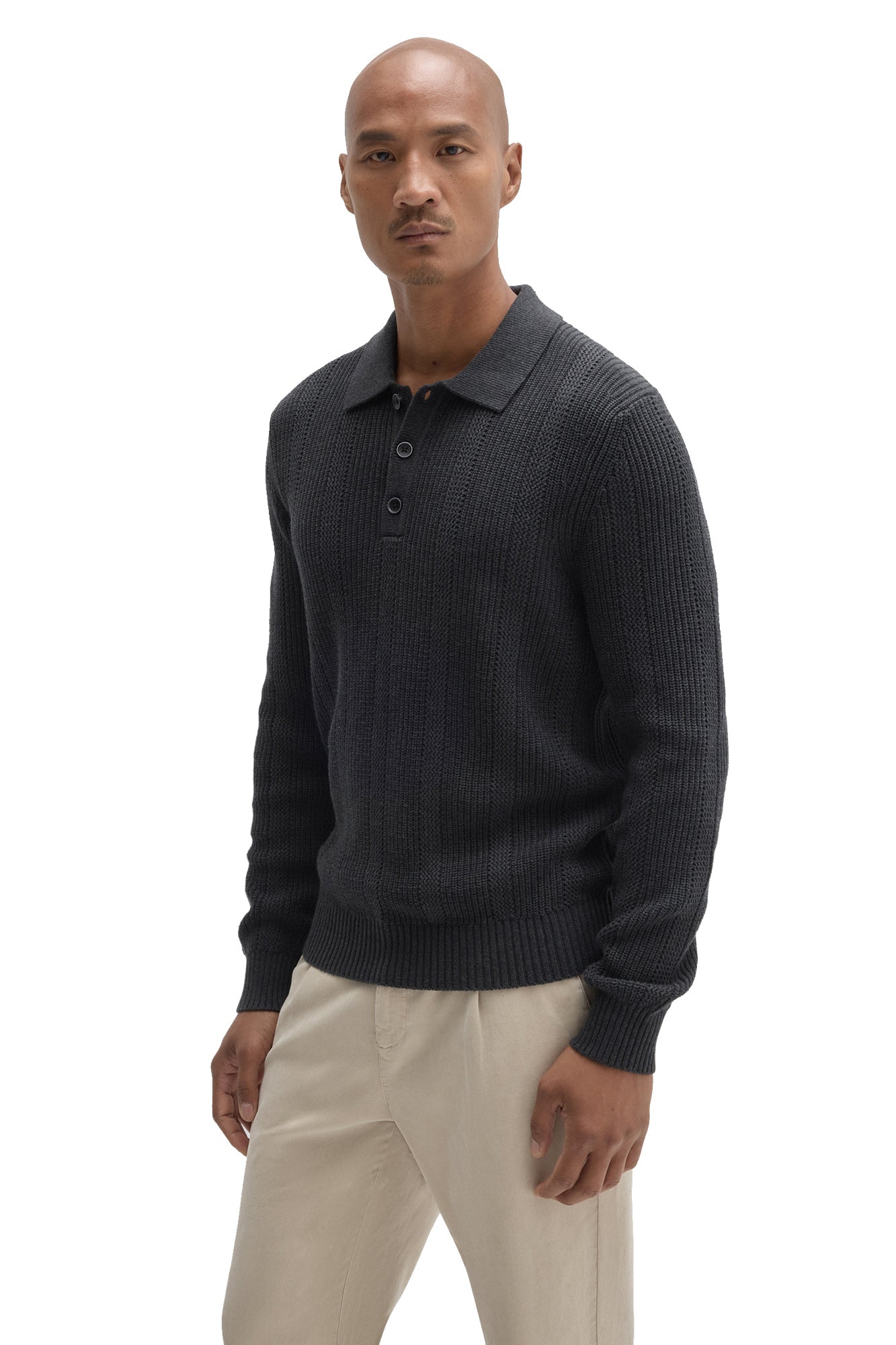 Robert Barakett men's front angled view of charcoal knit long-sleeve polo with three buttons and flat collar