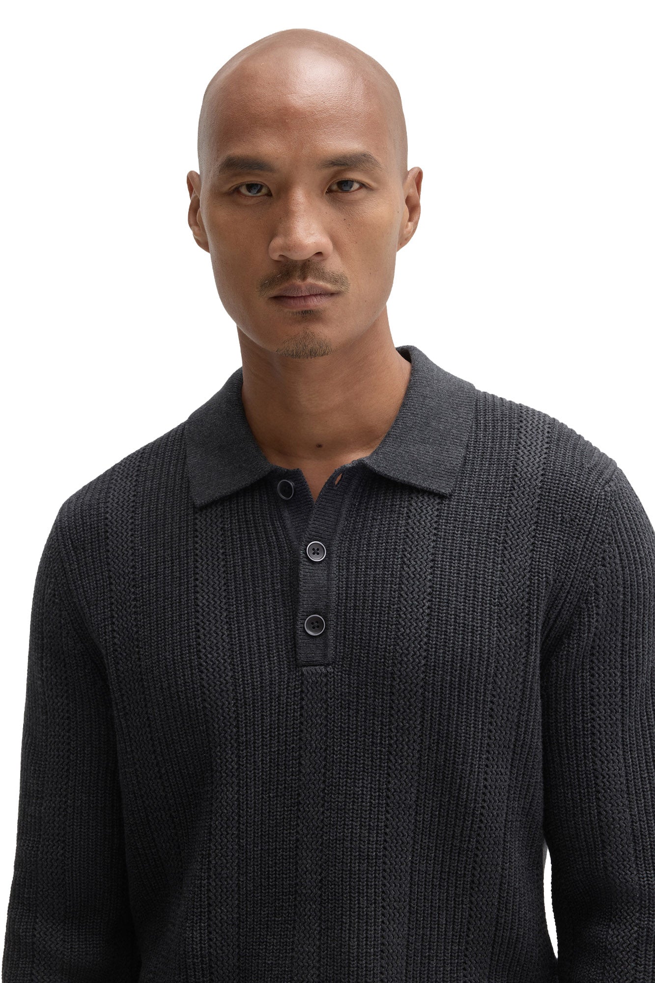 Close-up of men's charcoal knit long-sleeve polo collar with ribbed texture and three-button placket by Robert Barakett
