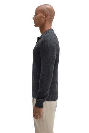 Robert Barakett men's charcoal long sleeve knit polo with ribbed hem and cuff shown from the side