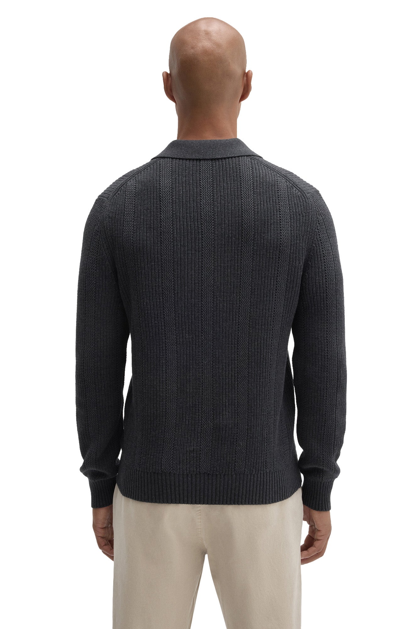 Robert Barakett men's charcoal knit long-sleeve polo with ribbed hem, vertical texture and flat collar, back view