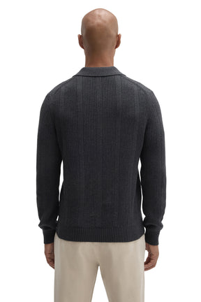 Robert Barakett men's charcoal knit long-sleeve polo with ribbed hem, vertical texture and flat collar, back view