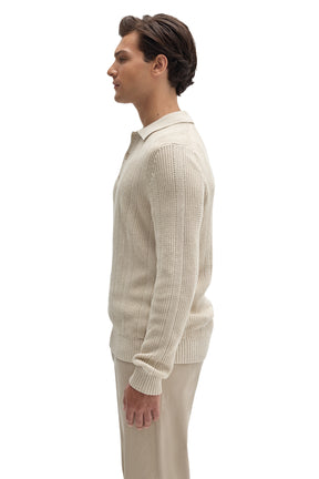 Robert Barakett men's cream long sleeve textured knit polo with ribbed cuff and hem, side view