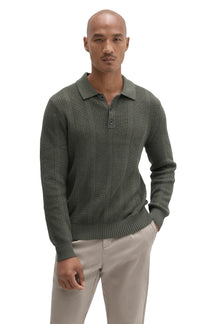 Robert Barakett men's olive green long sleeve knit polo with three-button placket and ribbed hem, front waist-up view