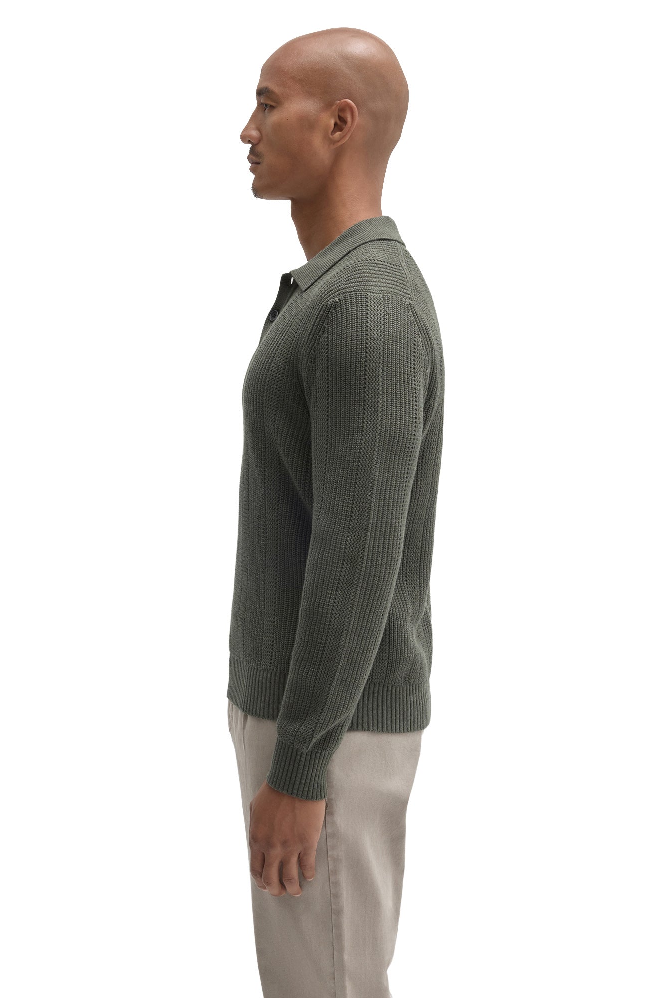 Robert Barakett men's olive green long sleeve knit polo showing textured sleeve, collar, hem and ribbed cuff, side view